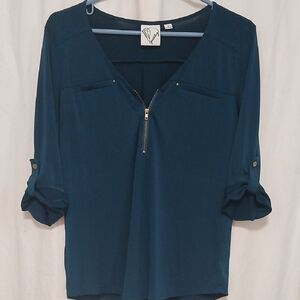 Chic Deep Blue V-Neck Blouse with Zipper